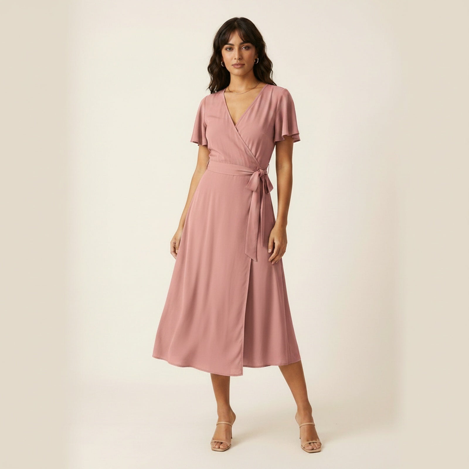 Ocean Breeze Wrap Front Midi Dress - Dusty Rose