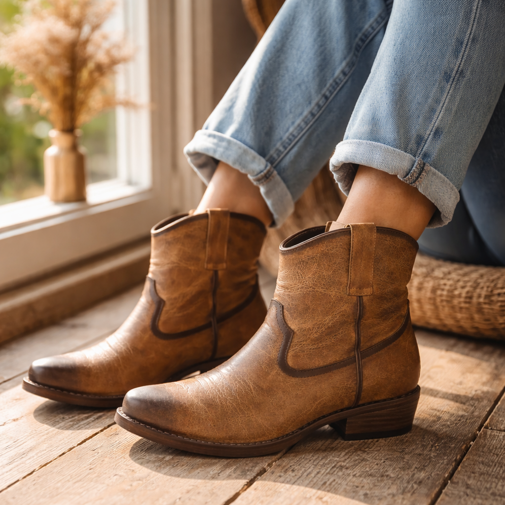 Women’s Brown Minimal Western Ankle Boots - Round Toe