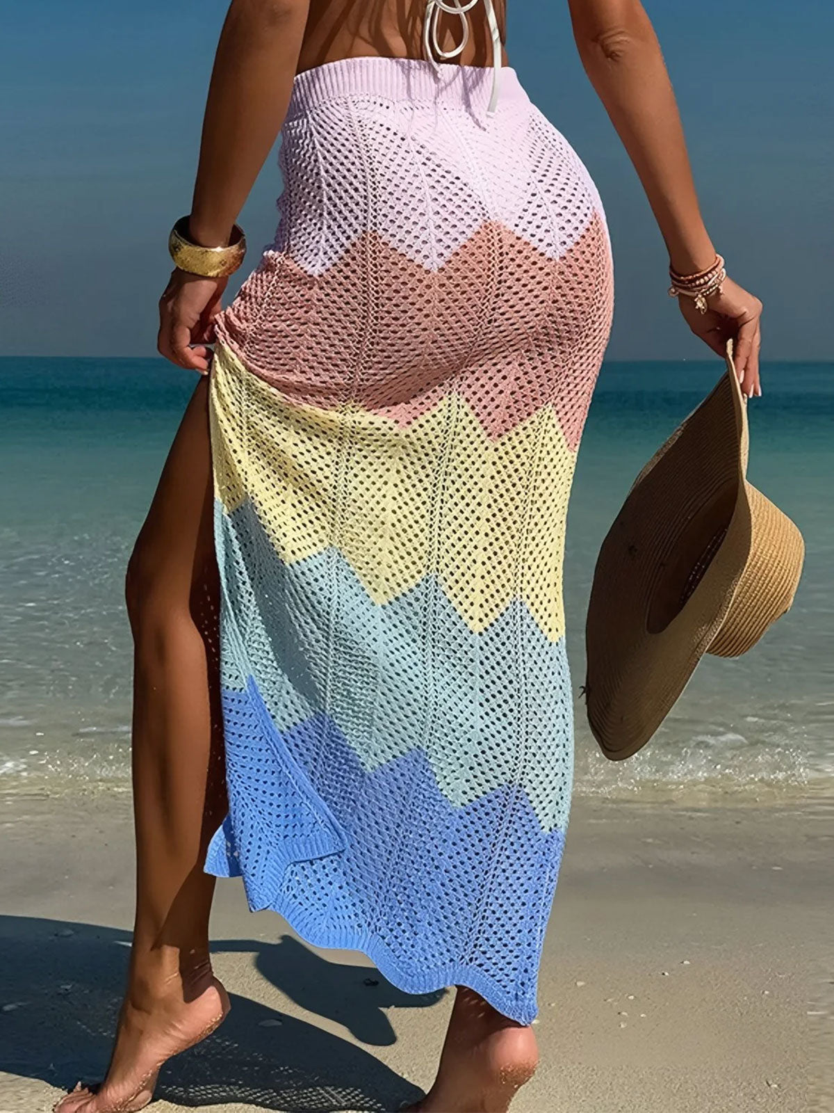 Ombre High Waist High Slit Beach Crochet Knit Cover Up Midi Skirt