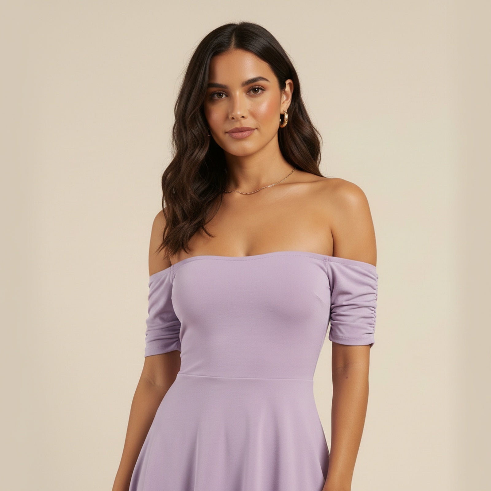 Purple Reign | Women's Off-Shoulder Puff Mini Dress - Detail Close-up