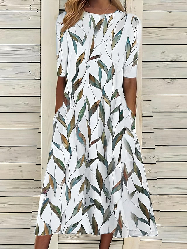 Céleste | Midi Summer Dress with Coastal Flowers and Round Neck