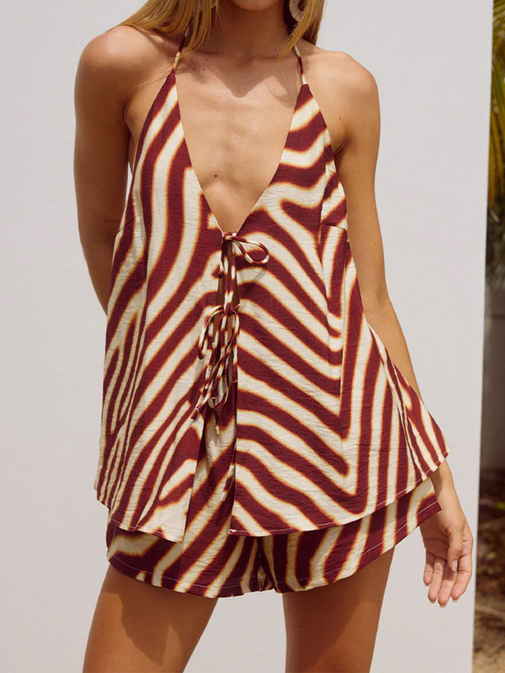 Resort Contrast Stripe Halter Tie High Waist Two Piece Short Set