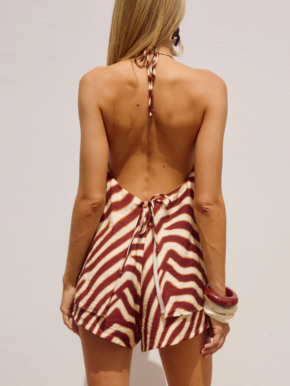 Resort Contrast Stripe Halter Tie High Waist Two Piece Short Set