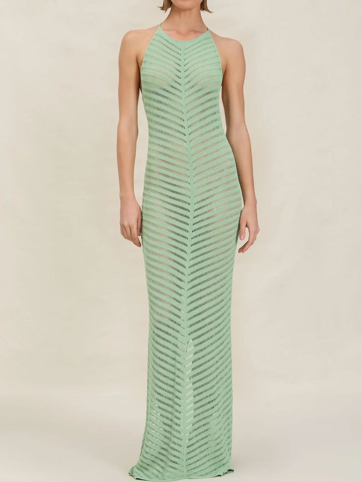 Ring Back High Neck Ladder Knit Beach Crochet Cover Up Maxi Dress