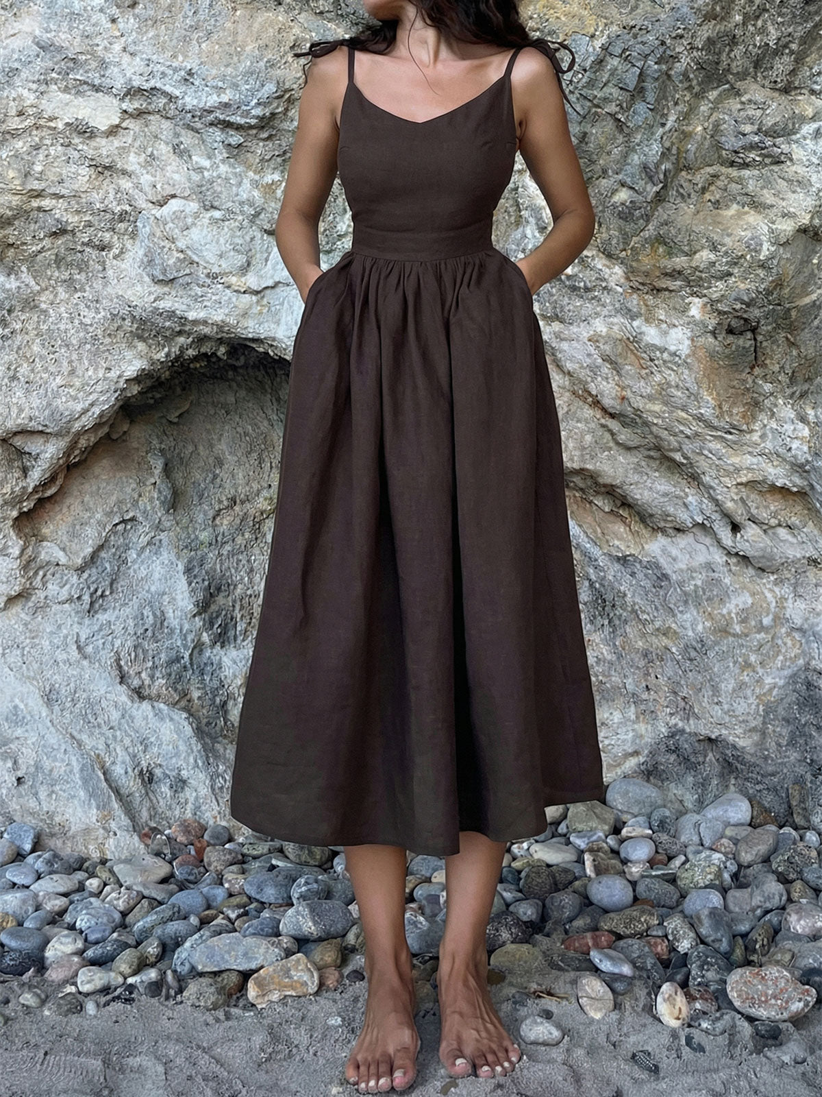 Sexy Backless V Neck Tie Shoulder Resort Linen Slip Maxi Dress
