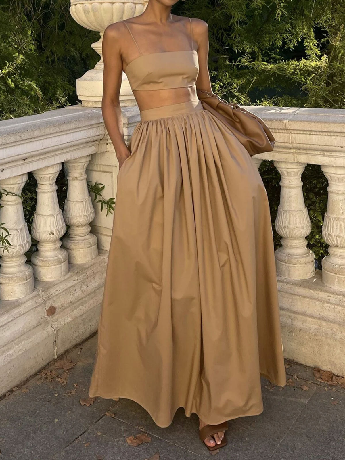 Sexy Crop Cami Top High Waist Pocket Trim Resort Two Piece Skirt Set