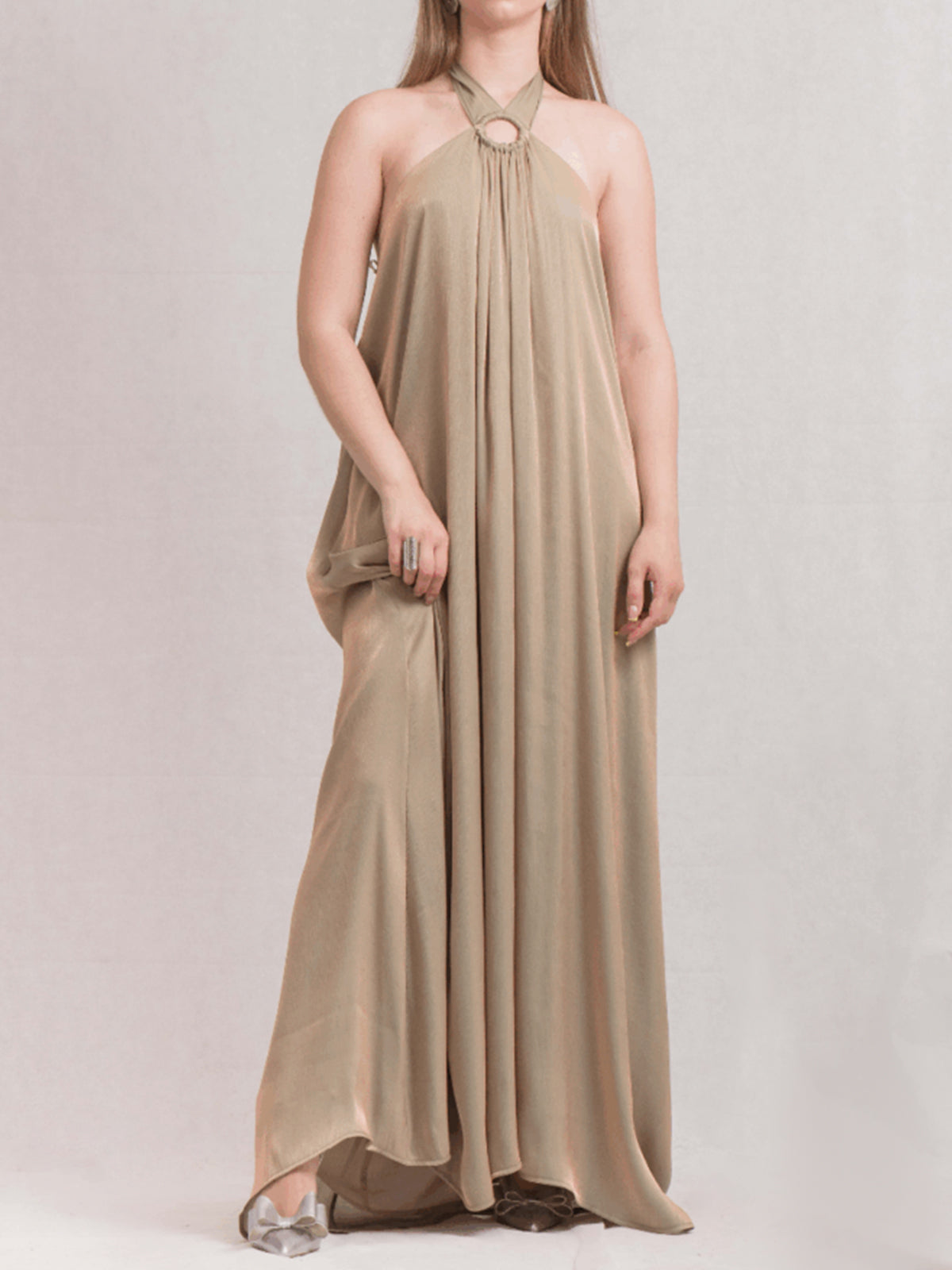 Silky O Ring Halter Neck Resort Oversized A Line Maxi Dress