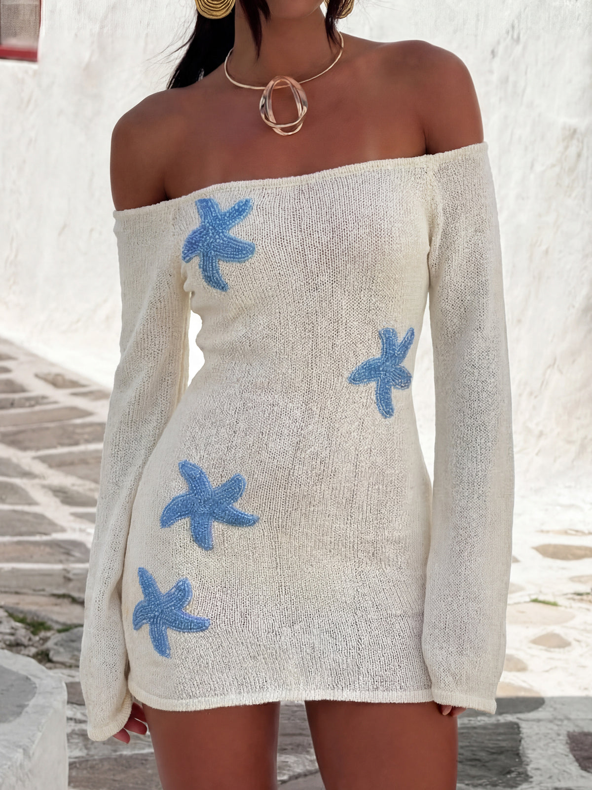 Starfish Applique Off Shoulder Resort Bell Sleeve Knit Mini Dress