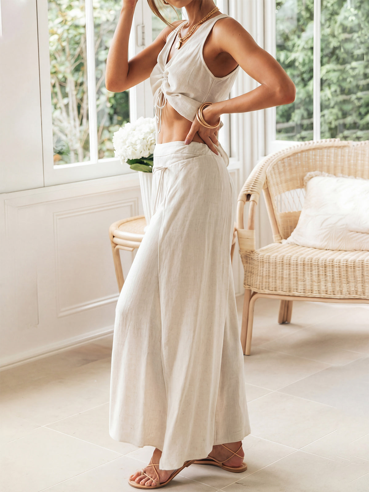 Summer Tie Front Tank Top Split High Waist Resort Two Piece Pant Set