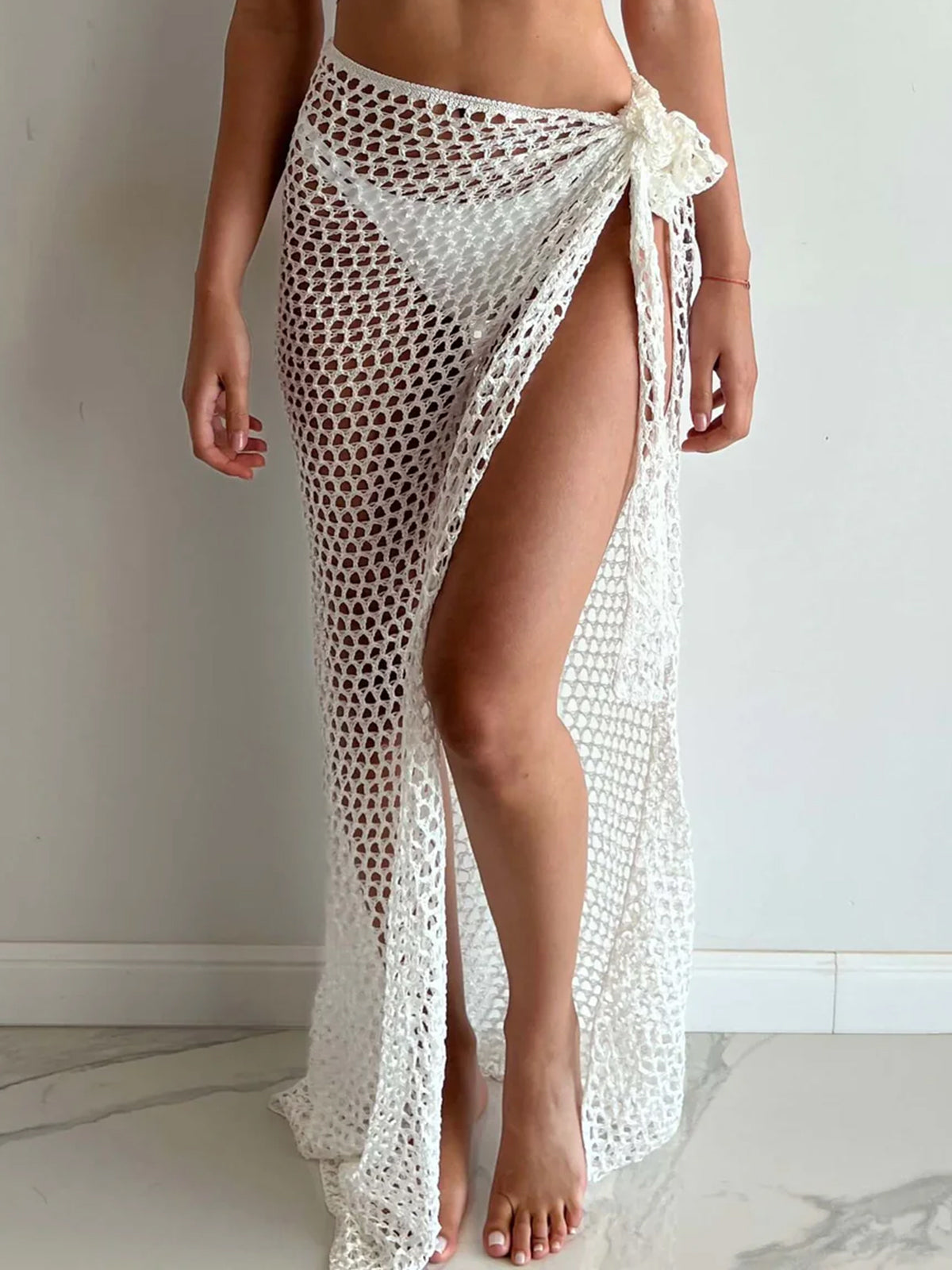 Sunlit Tie Waist High Slit Beach Crochet Knit Cover Up Maxi Sarong