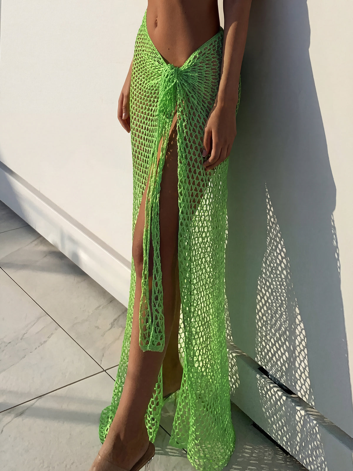 Sunlit Tie Waist High Slit Beach Crochet Knit Cover Up Maxi Sarong