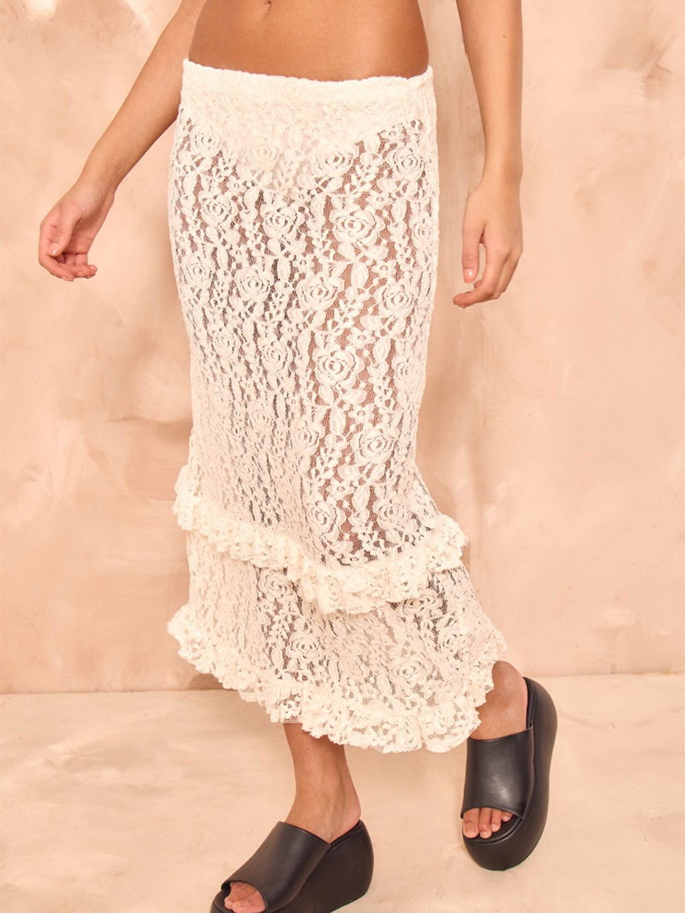 Swing Tiered Ruffle Low Waist Floral Lace Beach Cover Up Midi Skirt