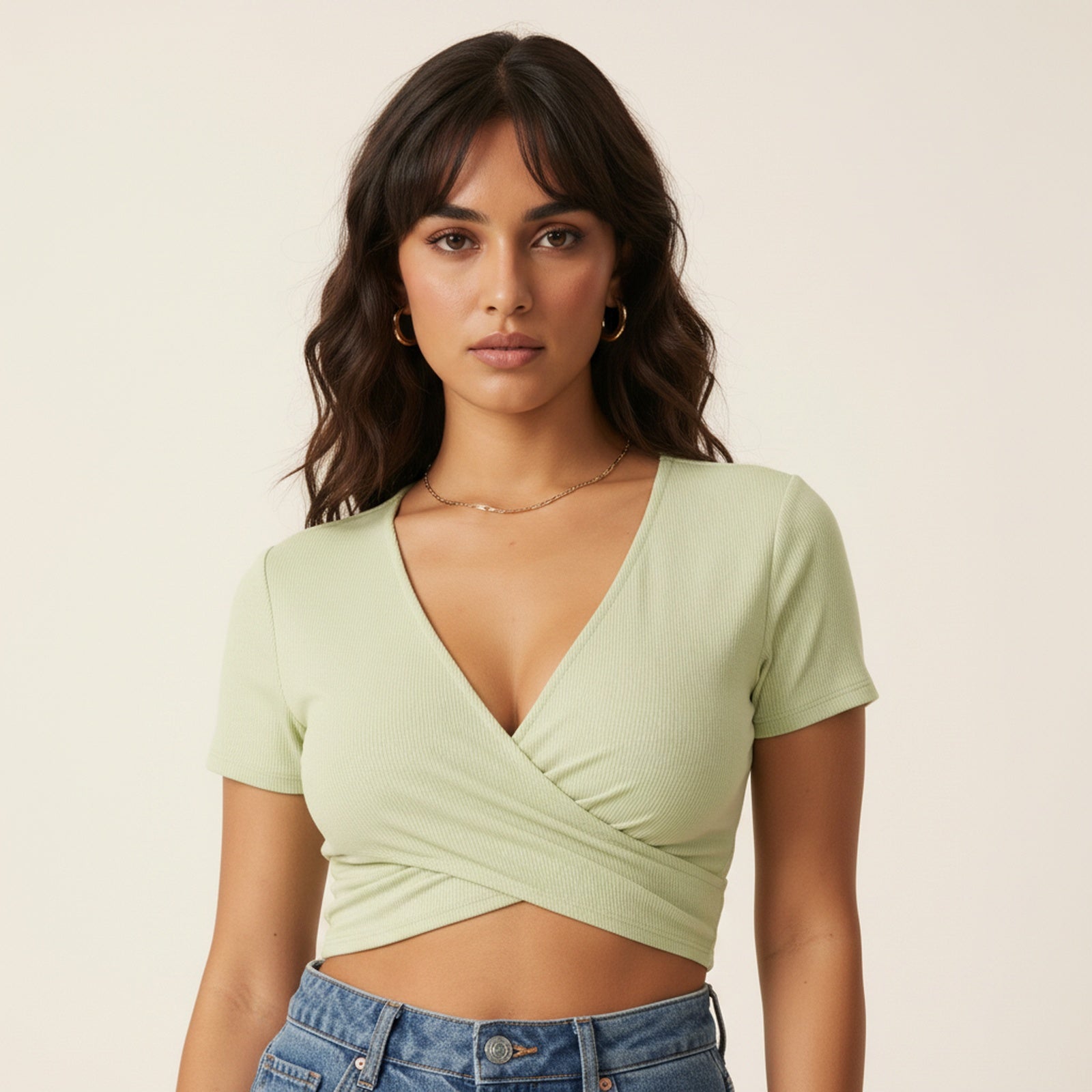 Twist | Women's Wrap Front Crop Top - Detail Close-up
