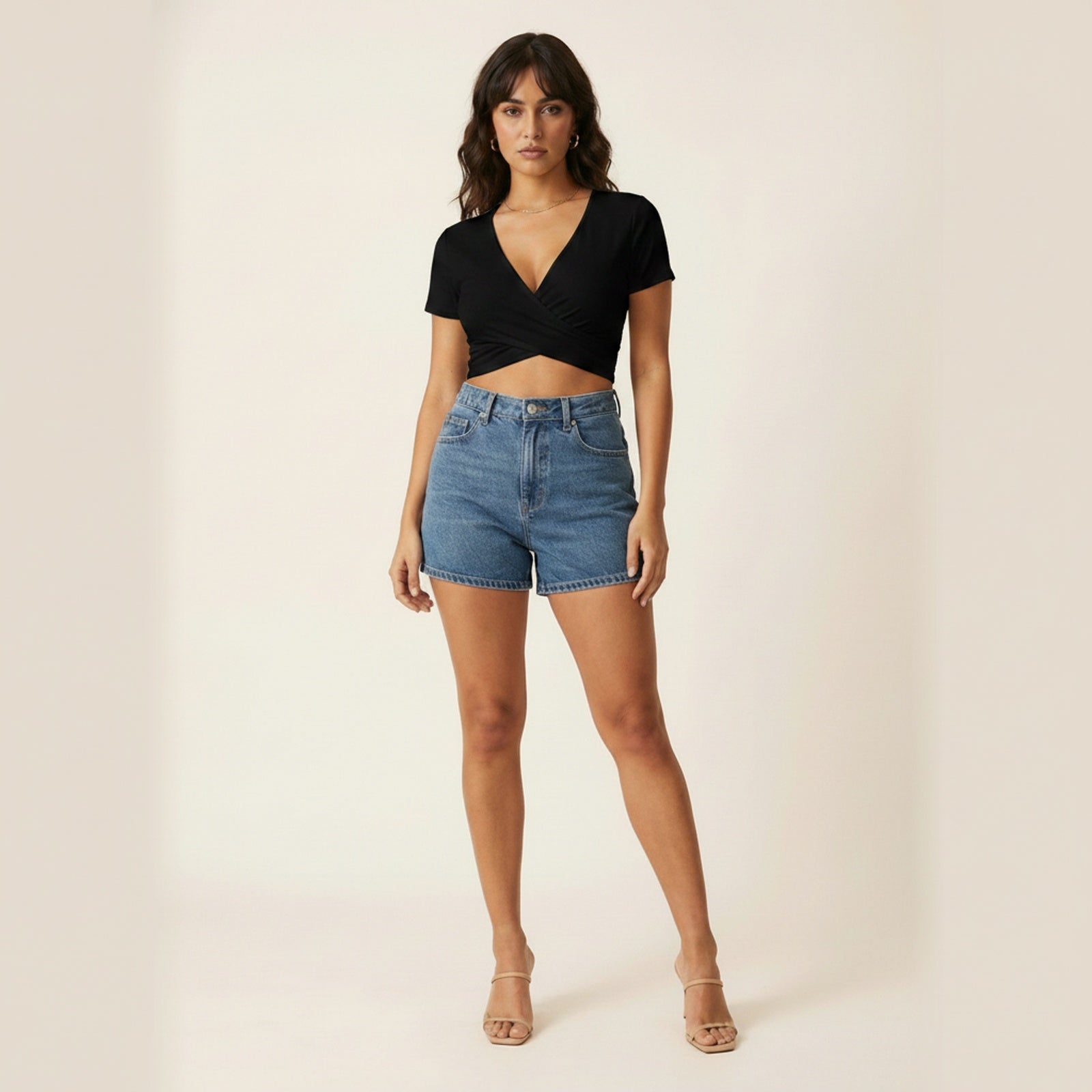 Twist Wrap Front Crop Top - Black