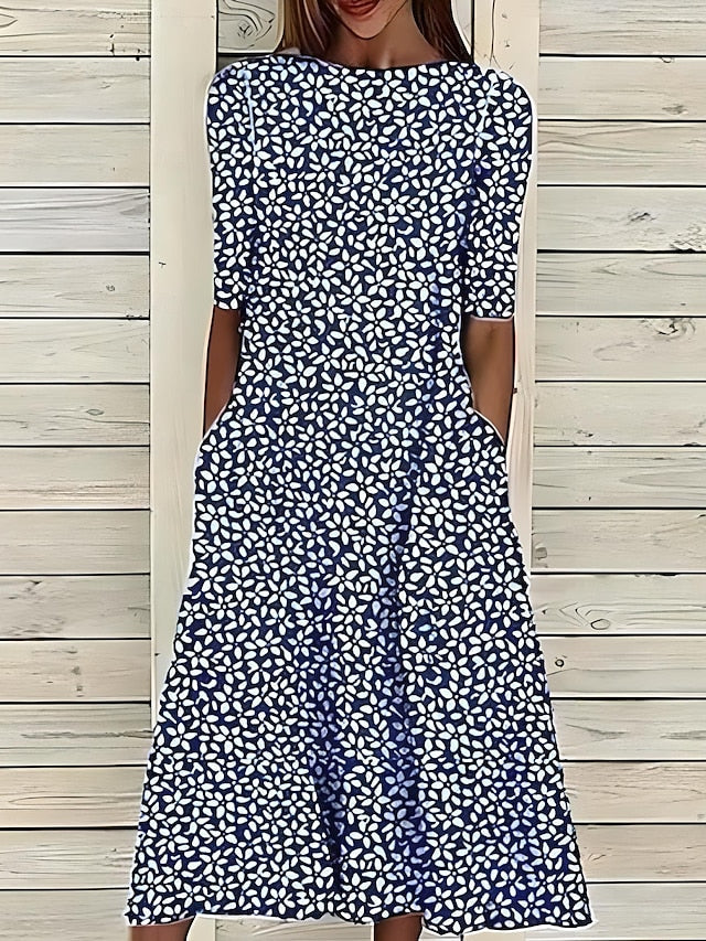Céleste | Midi Summer Dress with Coastal Flowers and Round Neck